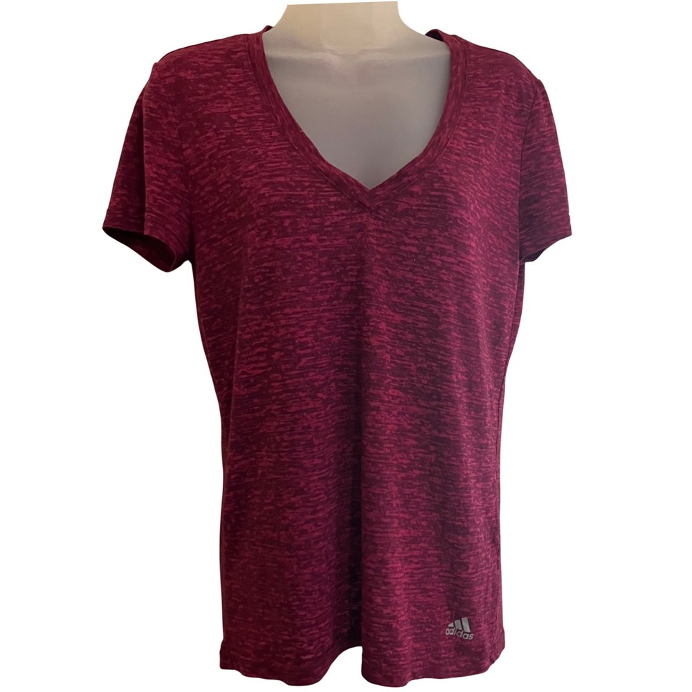 Adidas V-Neck Tee Small Maroon Space Dye Climalite Short Sleeve Activewear Shirt
